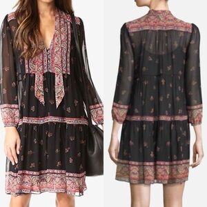 Like NEW Joie Black & Rich Burgundy Patterned Silk W/ Slip Long Sleeve Dress Sm